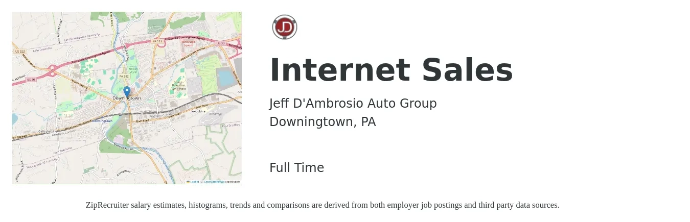 Jeff D'Ambrosio Auto Group job posting for a Internet Sales in Downingtown, PA with a salary of $19 to $26 Hourly with a map of Downingtown location.