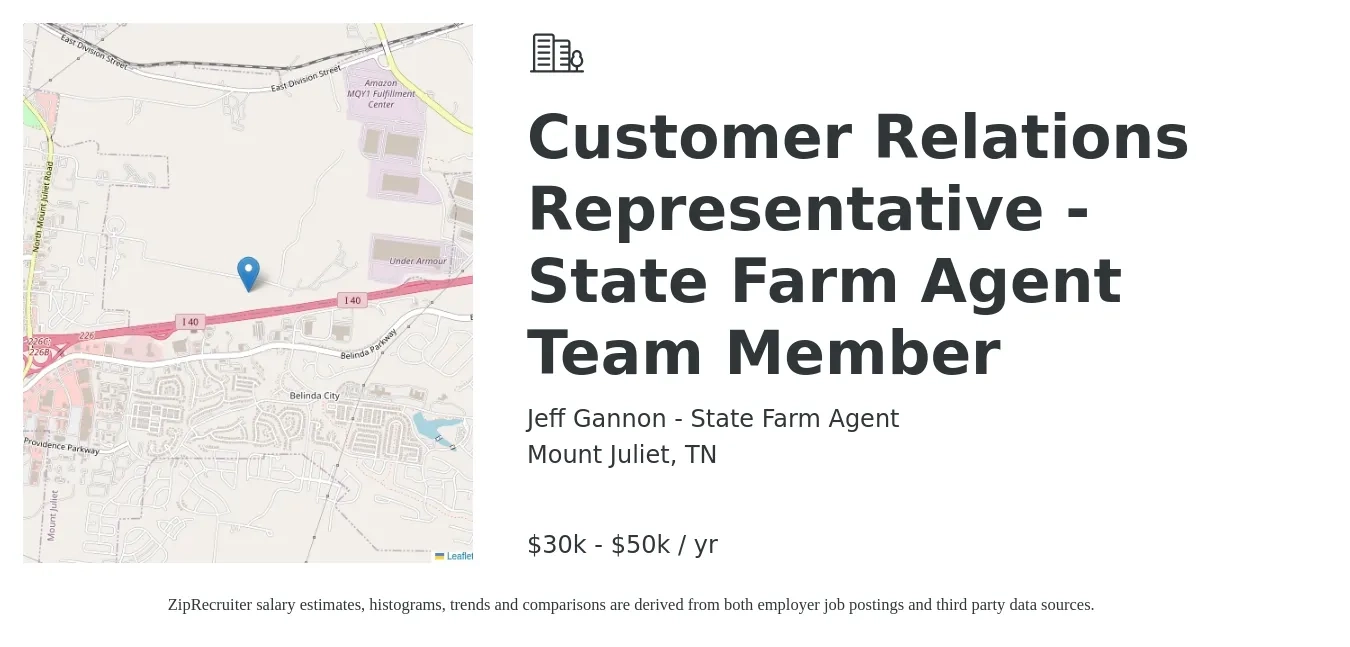 Jeff Gannon - State Farm Agent job posting for a Customer Relations Representative - State Farm Agent Team Member in Mount Juliet, TN with a salary of $30,000 to $50,000 Yearly with a map of Mount Juliet location.