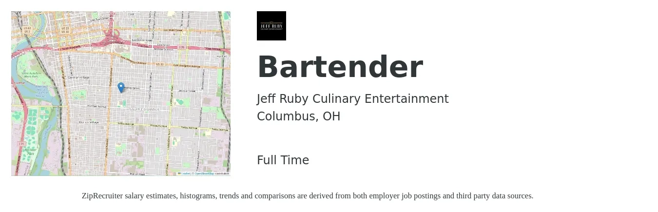 Jeff Ruby Culinary Entertainment job posting for a Bartender in Columbus, OH with a salary of $10 to $18 Hourly with a map of Columbus location.