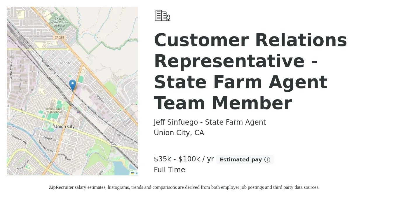 Jeff Sinfuego - State Farm Agent job posting for a Customer Relations Representative - State Farm Agent Team Member in Union City, CA with a salary of $35,000 to $100,000 Yearly with a map of Union City location.