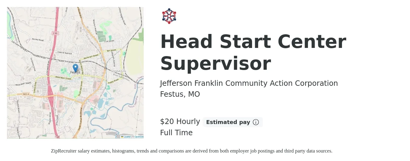 Jefferson Franklin Community Action Corporation job posting for a Head Start Center Supervisor in Festus, MO with a salary of $22 Hourly with a map of Festus location.