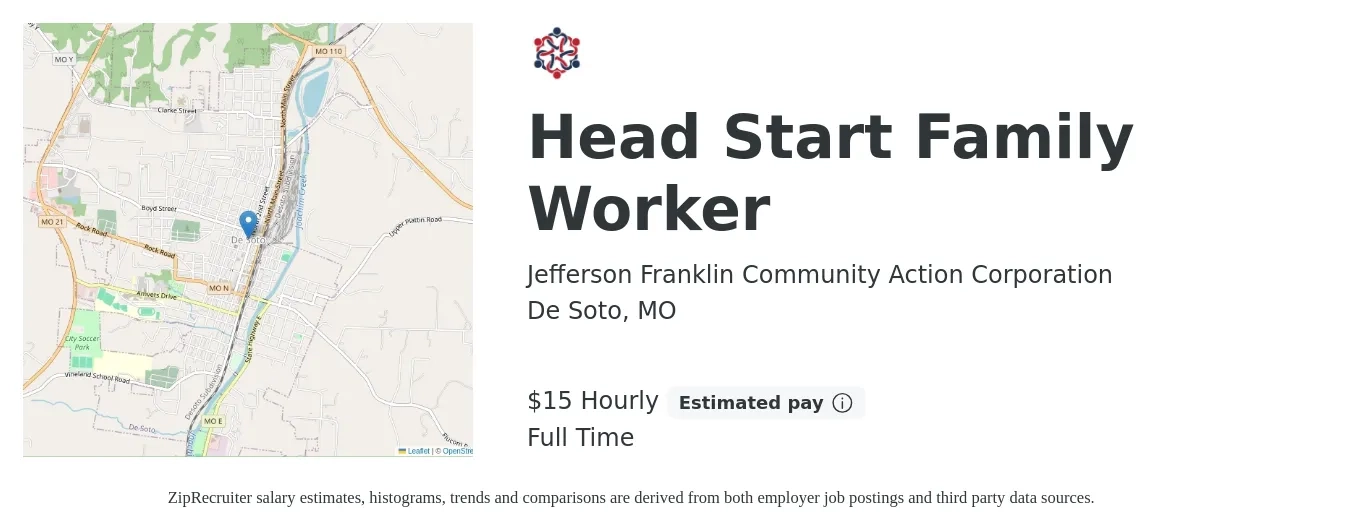 Jefferson Franklin Community Action Corporation job posting for a Head Start Family Worker in De Soto, MO with a salary of $16 Hourly with a map of De Soto location.