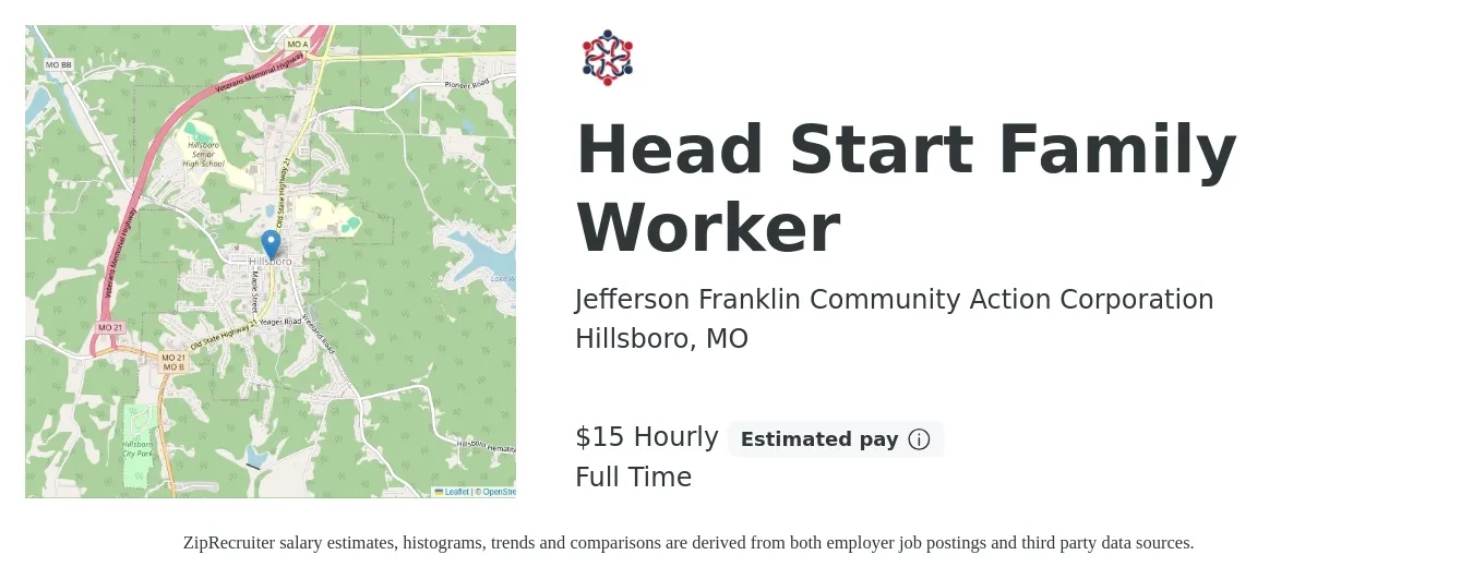 Jefferson Franklin Community Action Corporation job posting for a Head Start Family Worker in Hillsboro, MO with a salary of $16 Hourly with a map of Hillsboro location.