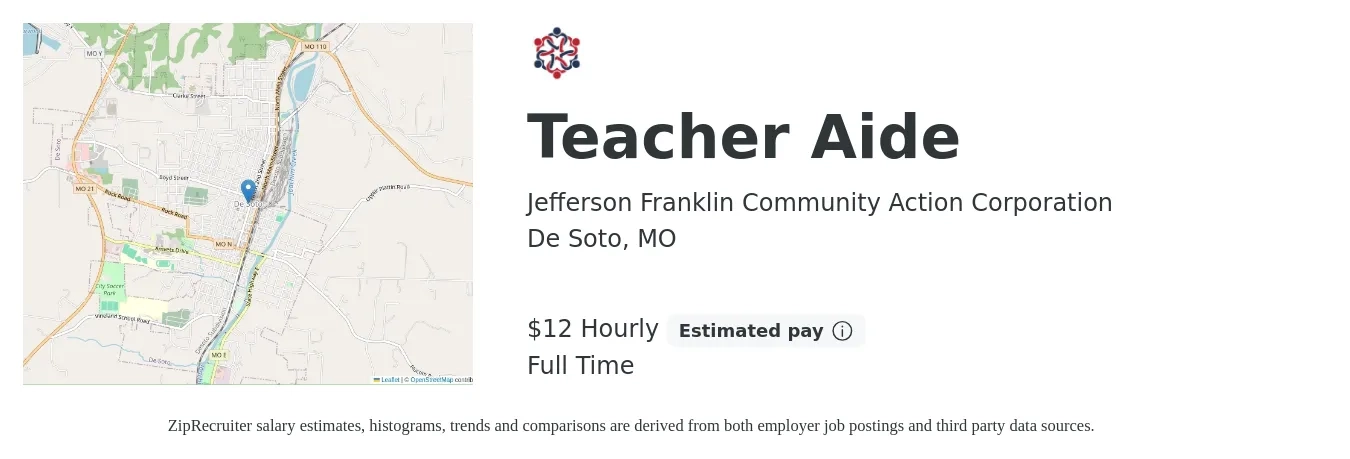 Jefferson Franklin Community Action Corporation job posting for a Teacher Aide in De Soto, MO with a salary of $13 Hourly with a map of De Soto location.