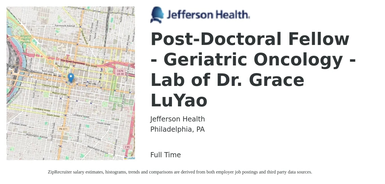 Jefferson Health job posting for a Post-Doctoral Fellow - Geriatric Oncology - Lab of Dr. Grace LuYao in Philadelphia, PA with a salary of $49,400 to $67,100 Yearly with a map of Philadelphia location.