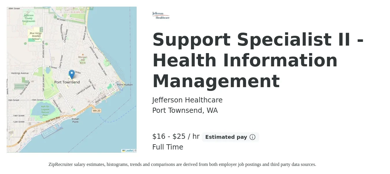 Jefferson Healthcare job posting for a Support Specialist II - Health Information Management in Port Townsend, WA with a salary of $17 to $27 Hourly with a map of Port Townsend location.