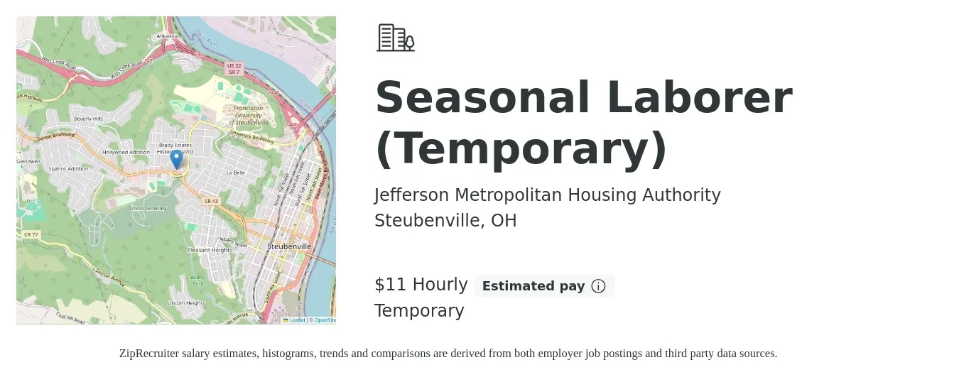 Jefferson Metropolitan Housing Authority job posting for a Seasonal Laborer (Temporary) in Steubenville, OH with a salary of $12 Hourly with a map of Steubenville location.