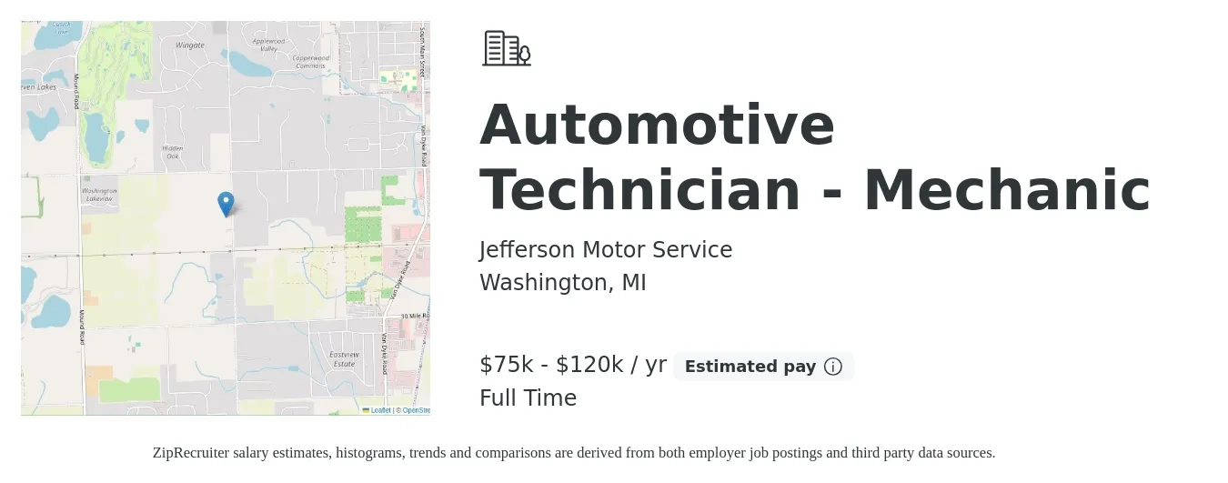Jefferson Motor Service job posting for a Automotive Technician - Mechanic in Washington, MI with a salary of $75,000 to $120,000 Yearly with a map of Washington location.