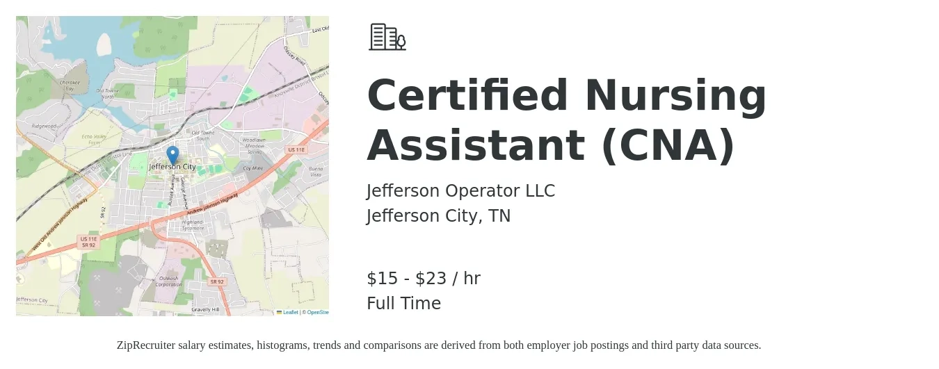 Jefferson Operator LLC job posting for a Certified Nursing Assistant (CNA) in Jefferson City, TN with a salary of $16 to $24 Hourly with a map of Jefferson City location.