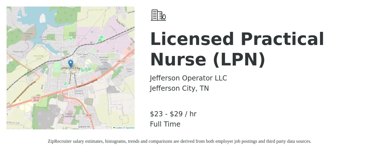 Jefferson Operator LLC job posting for a Licensed Practical Nurse (LPN) in Jefferson City, TN with a salary of $25 to $31 Hourly with a map of Jefferson City location.