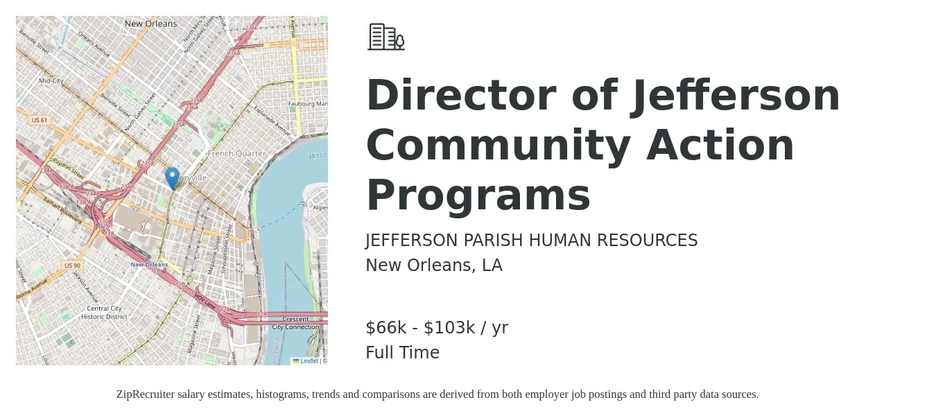 JEFFERSON PARISH HUMAN RESOURCES job posting for a Director of Jefferson Community Action Programs in New Orleans, LA with a salary of $66,958 to $103,874 Yearly with a map of New Orleans location.