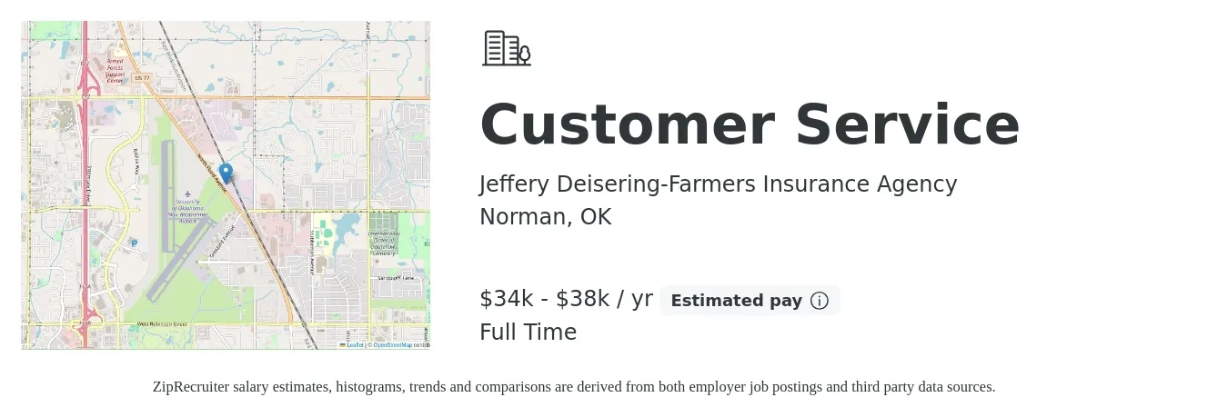 Jeffery Deisering-Farmers Insurance Agency job posting for a Customer Service in Norman, OK with a salary of $34,000 to $38,000 Yearly with a map of Norman location.