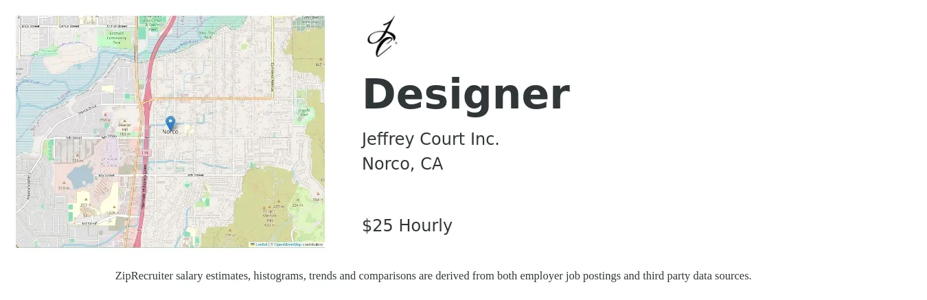 Jeffrey Court Inc. job posting for a Designer in Norco, CA with a salary of $26 Hourly and benefits including pto, retirement, vision, dental, life_insurance, and medical with a map of Norco location.