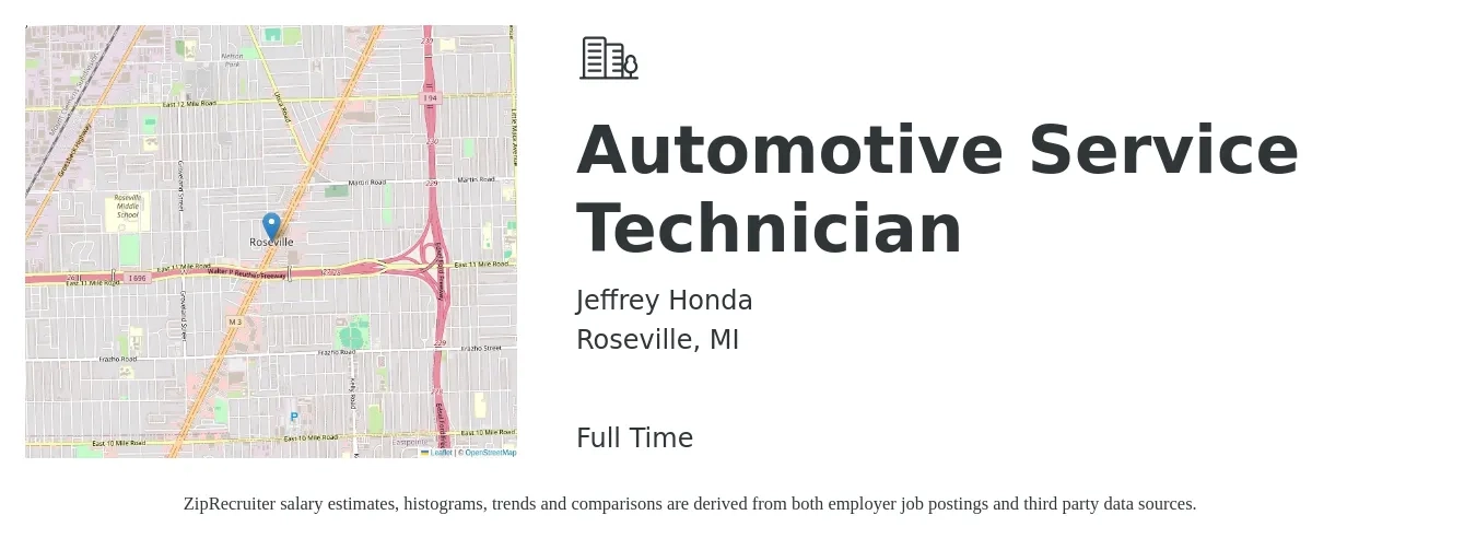 Jeffrey Honda job posting for a Automotive Service Technician in Roseville, MI with a salary of $17 to $28 Hourly with a map of Roseville location.