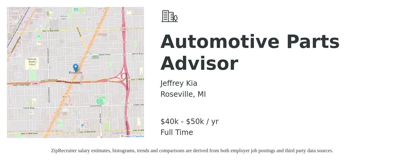 Jeffrey Kia job posting for a Automotive Parts Advisor in Roseville, MI with a salary of $40,000 to $50,000 Yearly with a map of Roseville location.