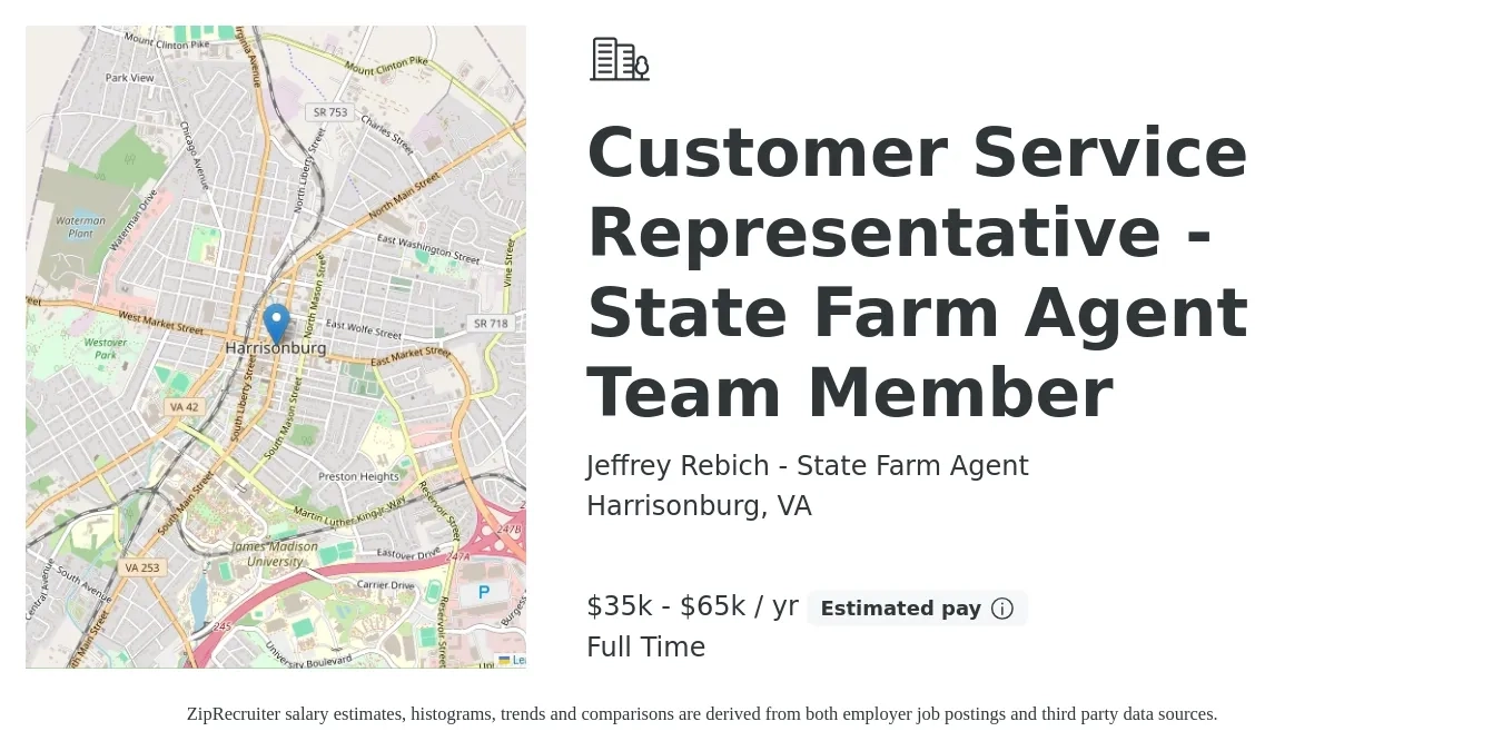 Jeffrey Rebich - State Farm Agent job posting for a Customer Service Representative - State Farm Agent Team Member in Harrisonburg, VA with a salary of $35,000 to $65,000 Yearly with a map of Harrisonburg location.
