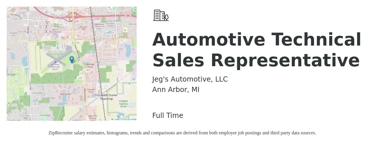 Jeg's Automotive, LLC job posting for a Automotive Technical Sales Representative in Ann Arbor, MI with a salary of $61,600 to $88,500 Yearly with a map of Ann Arbor location.