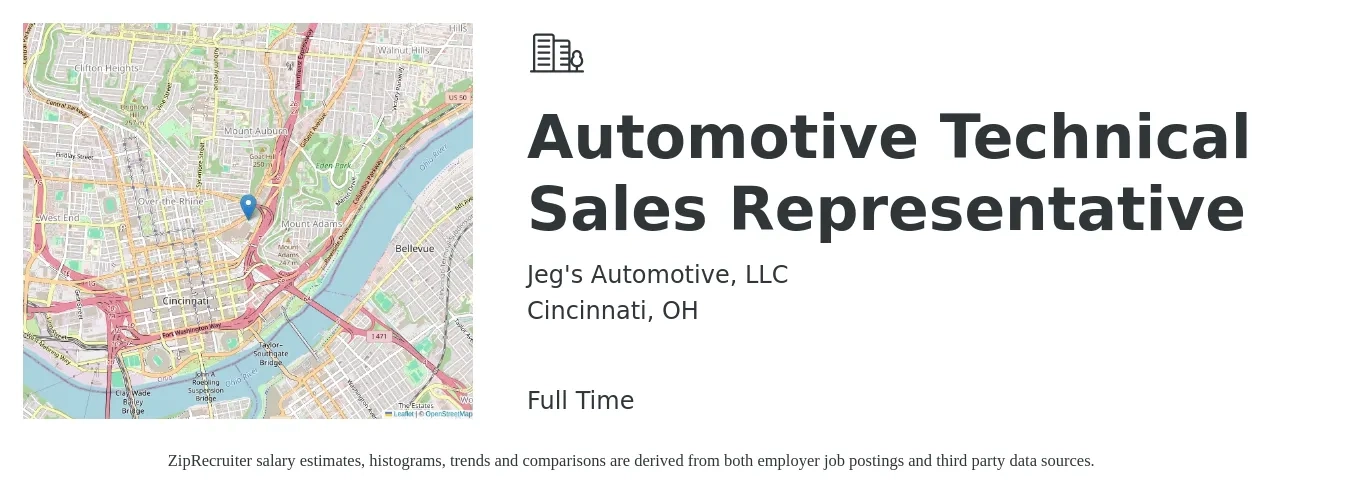 Jeg's Automotive, LLC job posting for a Automotive Technical Sales Representative in Cincinnati, OH with a salary of $61,500 to $88,300 Yearly with a map of Cincinnati location.