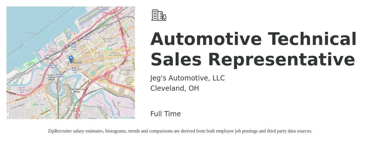 Jeg's Automotive, LLC job posting for a Automotive Technical Sales Representative in Cleveland, OH with a salary of $61,100 to $87,800 Yearly with a map of Cleveland location.