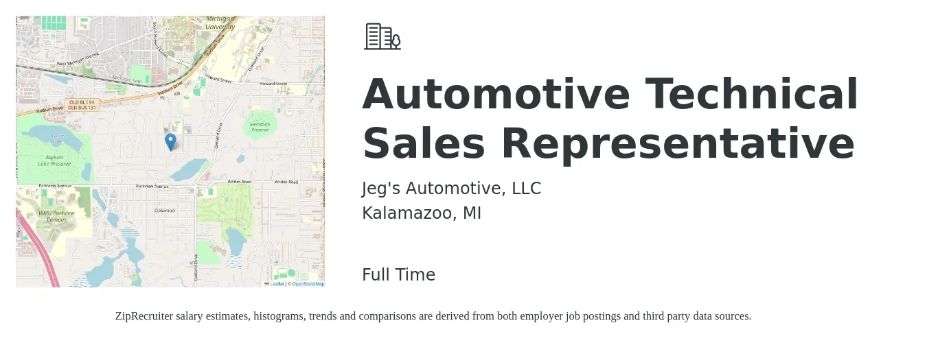 Jeg's Automotive, LLC job posting for a Automotive Technical Sales Representative in Kalamazoo, MI with a salary of $59,500 to $85,500 Yearly with a map of Kalamazoo location.