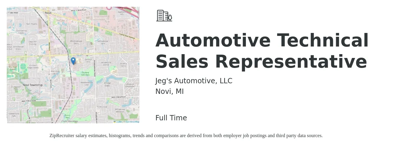 Jeg's Automotive, LLC job posting for a Automotive Technical Sales Representative in Novi, MI with a salary of $59,300 to $85,200 Yearly with a map of Novi location.