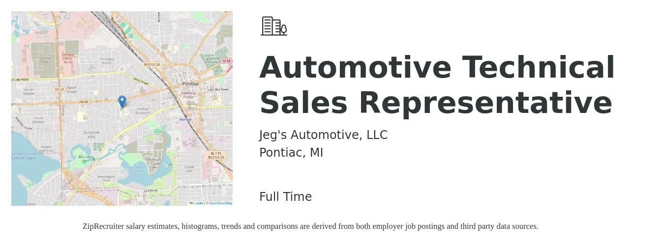 Jeg's Automotive, LLC job posting for a Automotive Technical Sales Representative in Pontiac, MI with a salary of $62,500 to $89,800 Yearly with a map of Pontiac location.