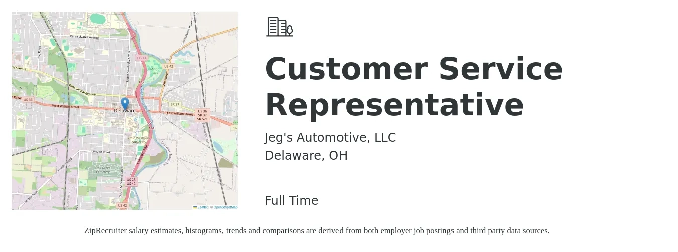 Jeg's Automotive, LLC job posting for a Customer Service Representative in Delaware, OH with a salary of $15 to $21 Hourly with a map of Delaware location.