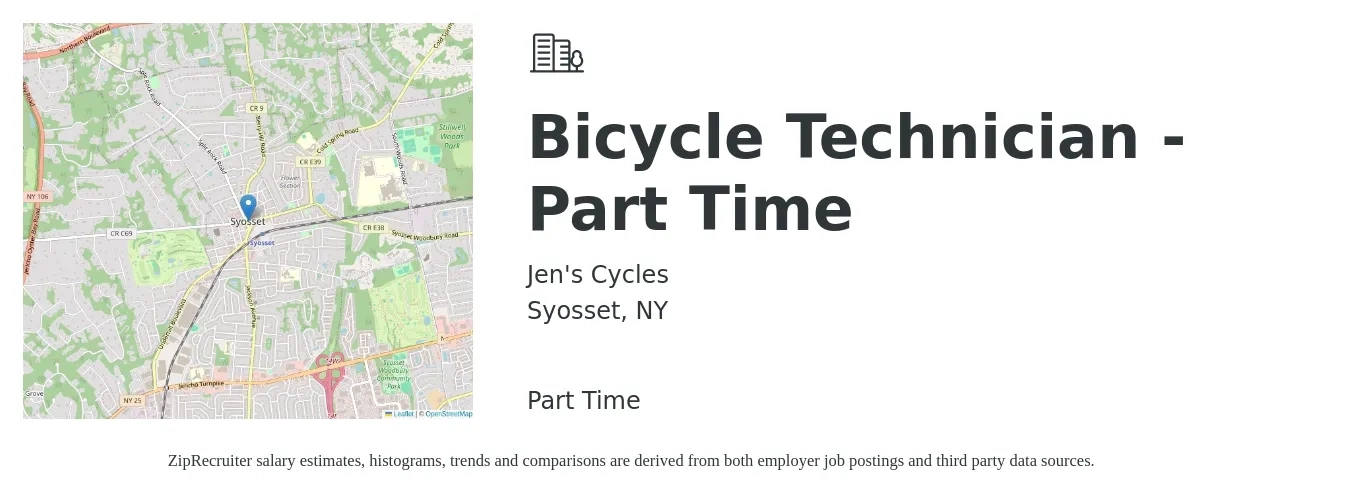 Jen's Cycles job posting for a Bicycle Technician - Part Time in Syosset, NY with a salary of $17 to $22 Hourly with a map of Syosset location.