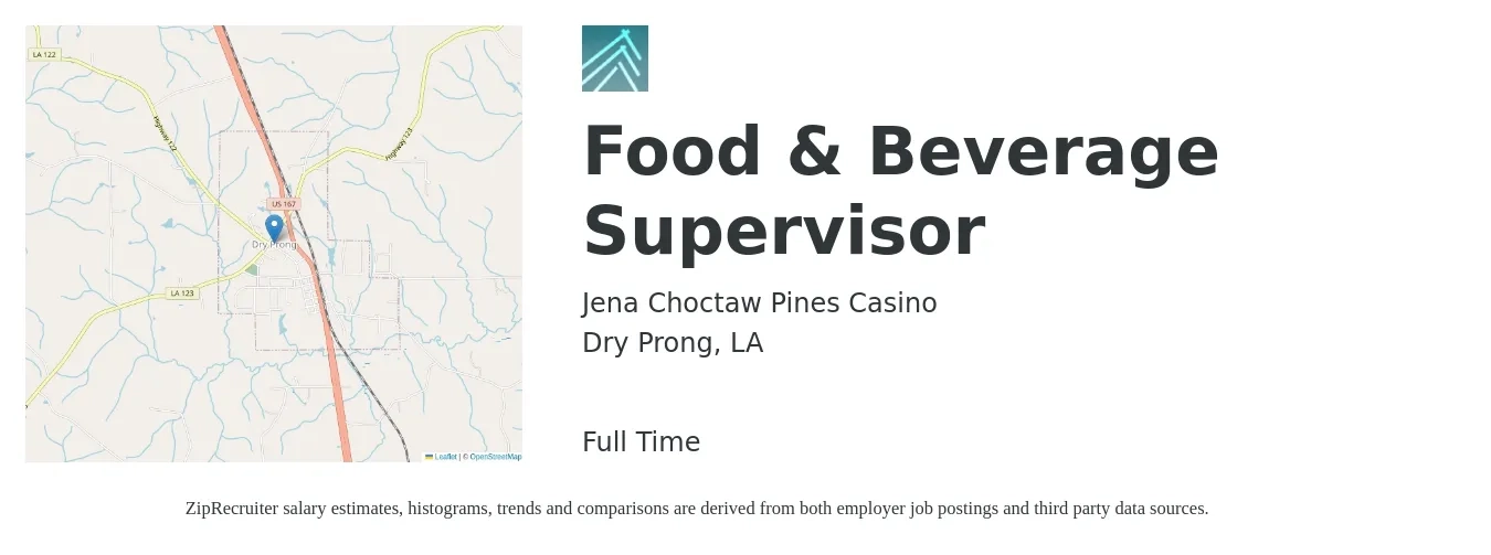 Jena Choctaw Pines Casino job posting for a Food & Beverage Supervisor in Dry Prong, LA with a salary of $40,800 to $66,000 Yearly with a map of Dry Prong location.