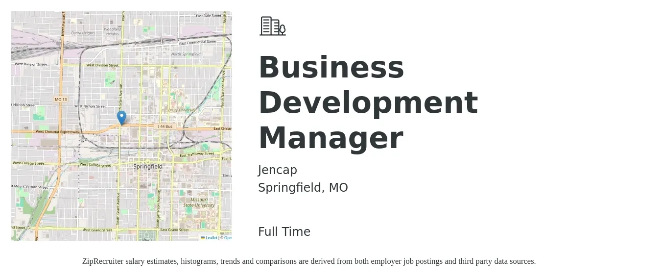 Jencap job posting for a Business Development Manager in Springfield, MO with a salary of $55,500 to $91,000 Yearly with a map of Springfield location.
