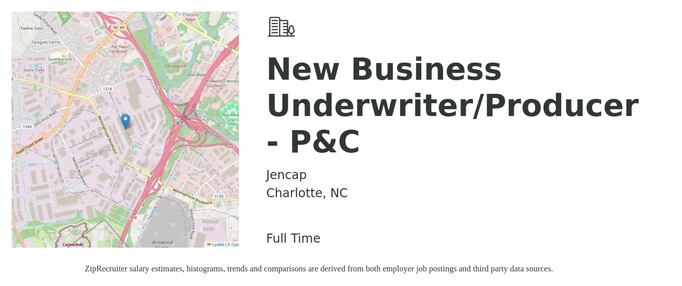 Jencap job posting for a New Business Underwriter/Producer - P&C in Charlotte, NC with a salary of $56,600 to $86,900 Yearly with a map of Charlotte location.