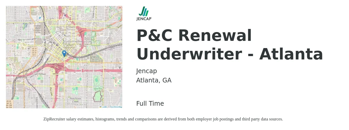 Jencap job posting for a P&C Renewal Underwriter - Atlanta in Atlanta, GA with a salary of $65,000 to $75,000 Yearly with a map of Atlanta location.