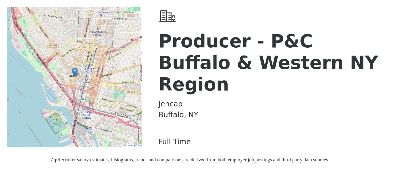 Jencap job posting for a Producer - P&C Buffalo & Western NY Region in Buffalo, NY with a salary of $39,200 to $75,100 Yearly with a map of Buffalo location.