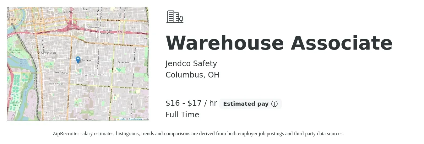 Jendco Safety job posting for a Warehouse Associate in Columbus, OH with a salary of $17 to $18 Hourly with a map of Columbus location.