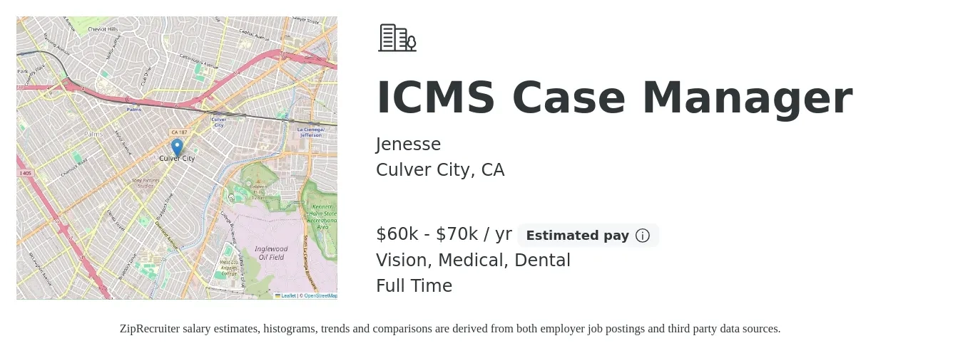 Jenesse job posting for a ICMS Case Manager in Culver City, CA with a salary of $60,000 to $70,000 Yearly and benefits including medical, pto, retirement, vision, dental, and life_insurance with a map of Culver City location.