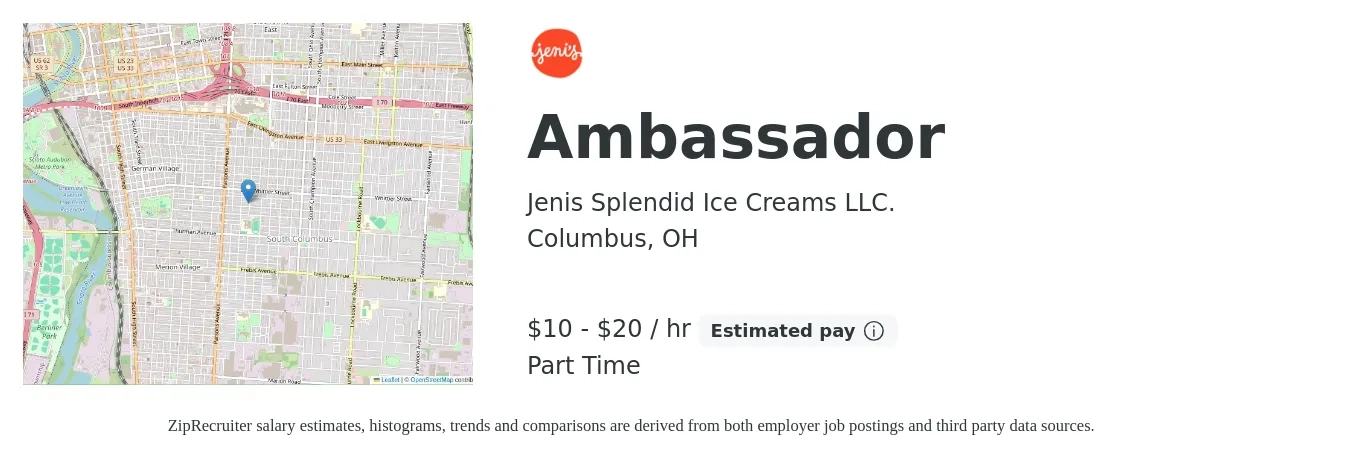 Jenis Splendid Ice Creams LLC. job posting for a Ambassador in Columbus, OH with a salary of $10 to $22 Hourly with a map of Columbus location.