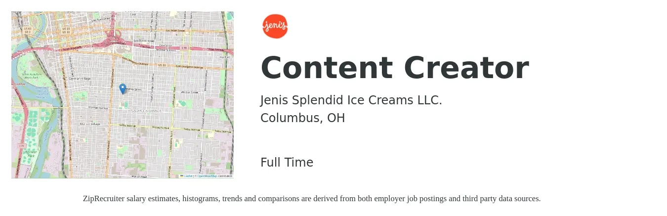 Jenis Splendid Ice Creams LLC. job posting for a Content Creator in Columbus, OH with a salary of $26 to $46 Hourly with a map of Columbus location.