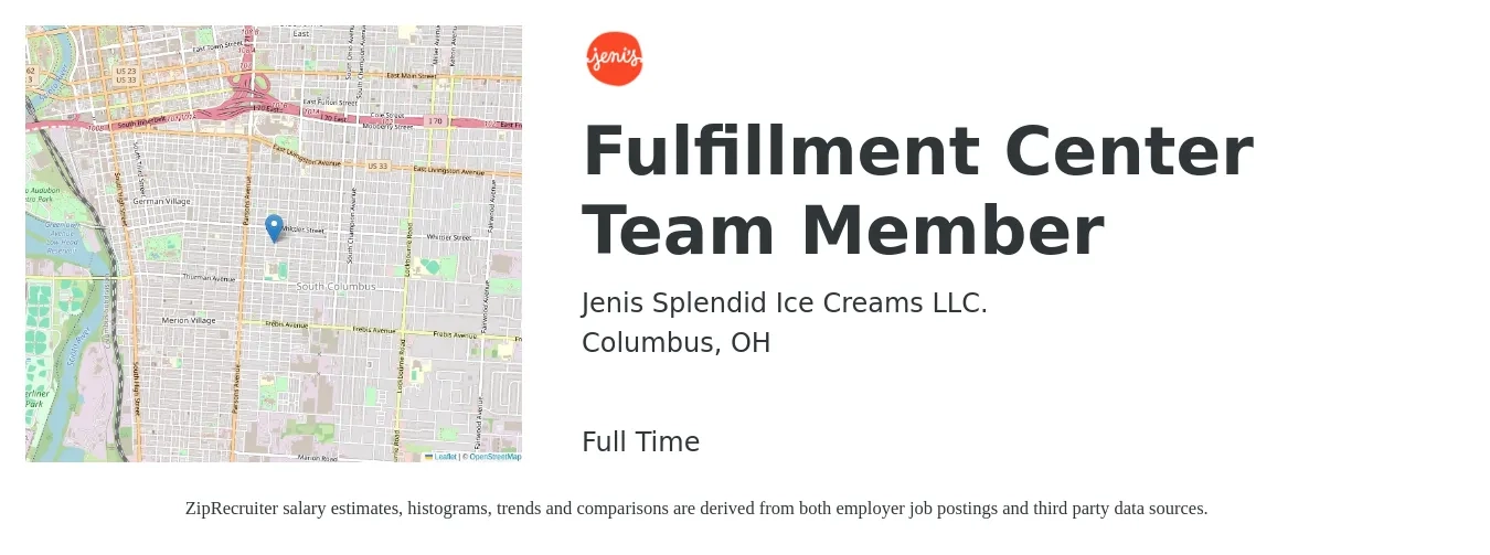 Jenis Splendid Ice Creams LLC. job posting for a Fulfillment Center Team Member in Columbus, OH with a salary of $14 to $18 Hourly with a map of Columbus location.