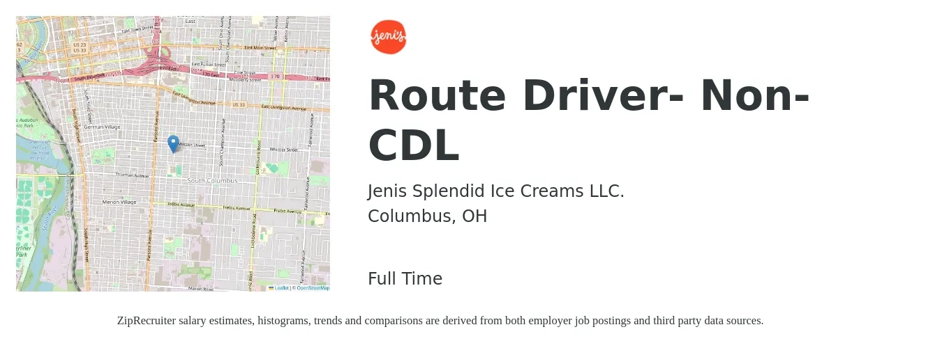 Jenis Splendid Ice Creams LLC. job posting for a Route Driver- Non-CDL in Columbus, OH with a salary of $18 to $22 Hourly with a map of Columbus location.