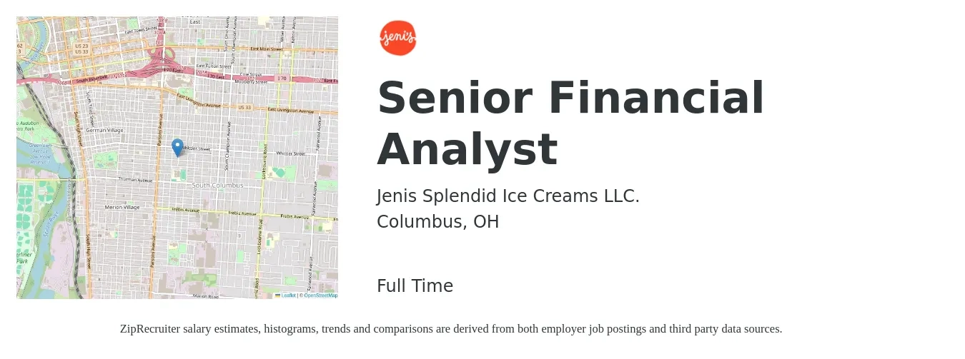 Jenis Splendid Ice Creams LLC. job posting for a Senior Financial Analyst in Columbus, OH with a salary of $82,600 to $102,900 Yearly with a map of Columbus location.
