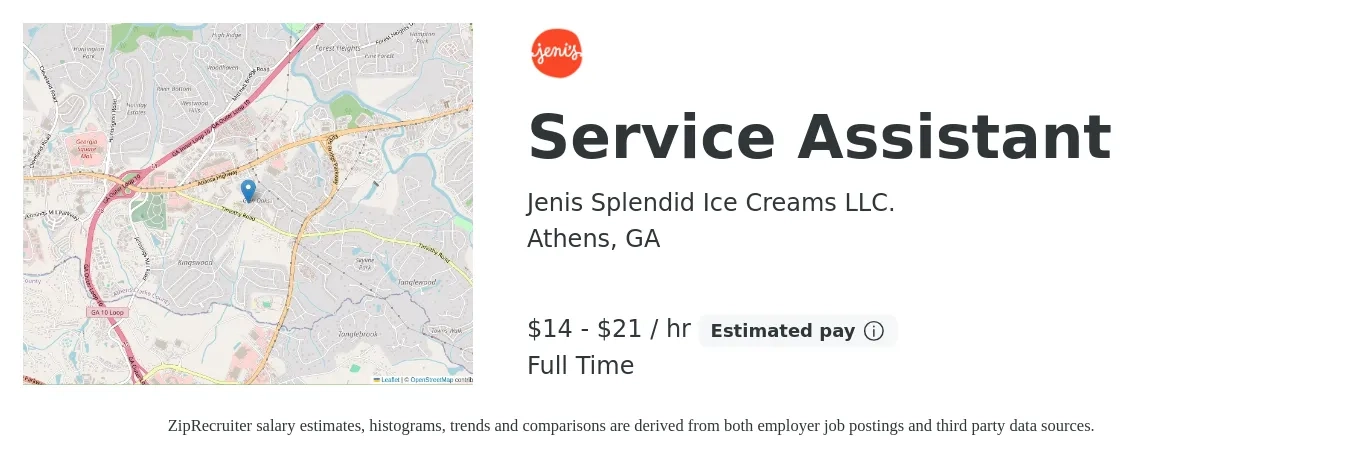Jenis Splendid Ice Creams LLC. job posting for a Service Assistant in Athens, GA with a salary of $15 to $22 Hourly with a map of Athens location.