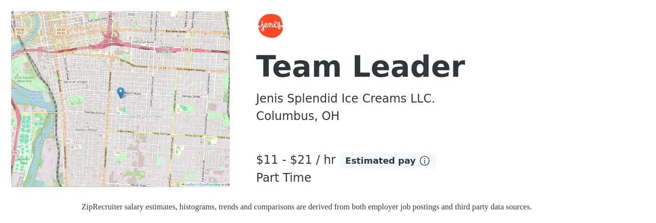 Jenis Splendid Ice Creams LLC. job posting for a Team Leader in Columbus, OH with a salary of $11 to $23 Hourly with a map of Columbus location.