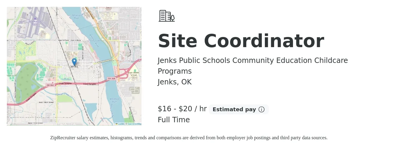 Jenks Public Schools Community Education Childcare Programs job posting for a Site Coordinator in Jenks, OK with a salary of $17 to $21 Hourly with a map of Jenks location.