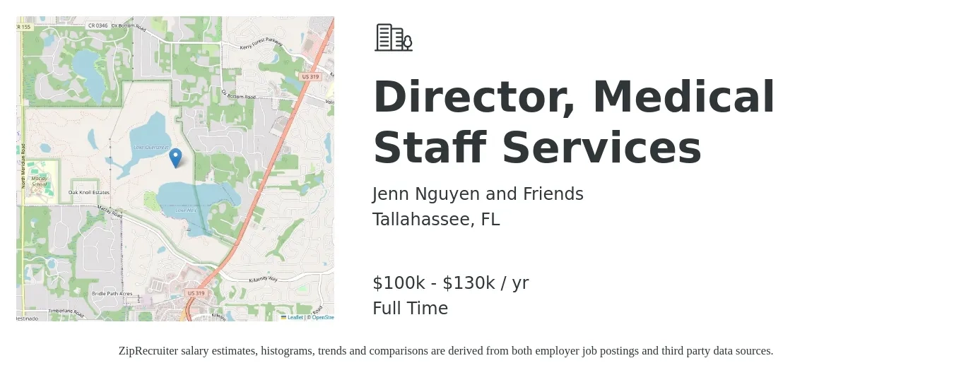 Jenn Nguyen and Friends job posting for a Director, Medical Staff Services in Tallahassee, FL with a salary of $48 to $76 Hourly with a map of Tallahassee location.