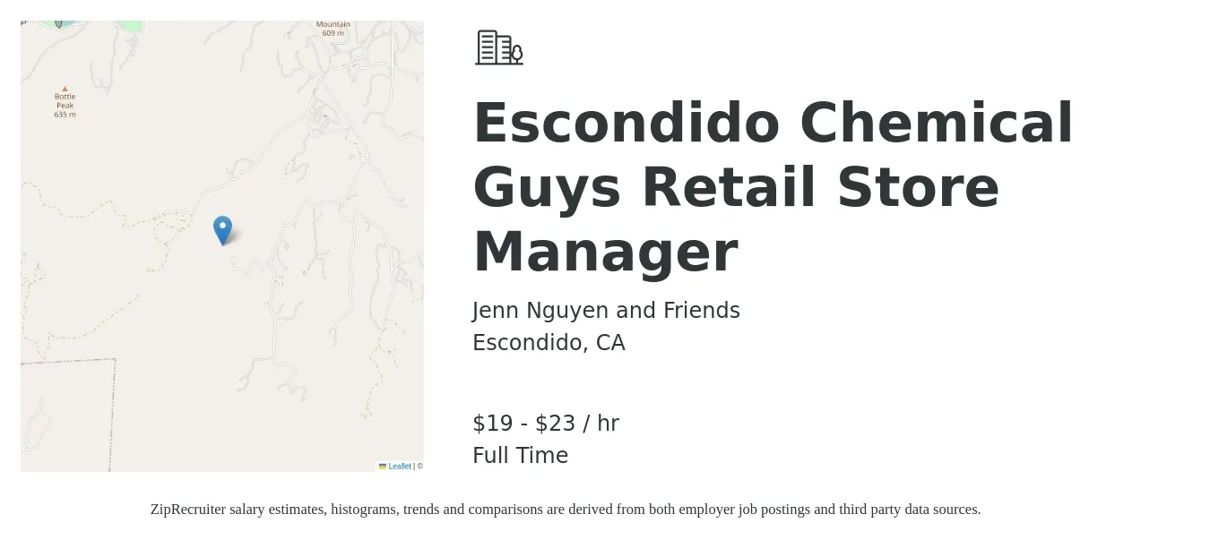 Jenn Nguyen and Friends job posting for a Escondido Chemical Guys Retail Store Manager in Escondido, CA with a salary of $20 to $24 Hourly with a map of Escondido location.