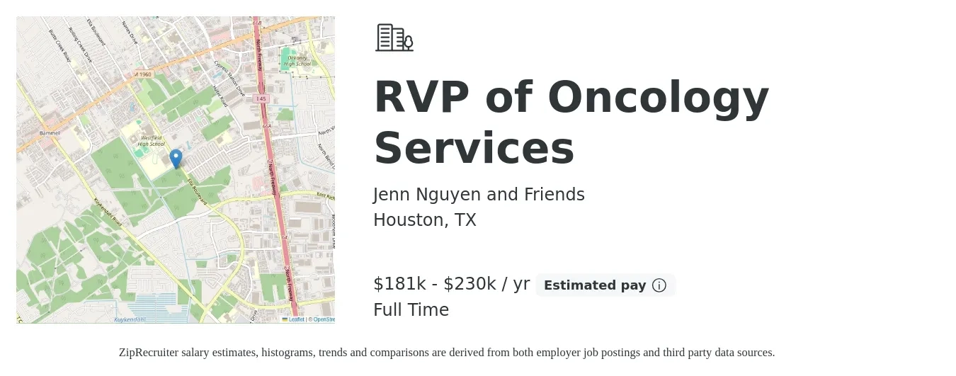 Jenn Nguyen and Friends job posting for a RVP of Oncology Services in Houston, TX with a salary of $66,400 to $143,700 Yearly with a map of Houston location.