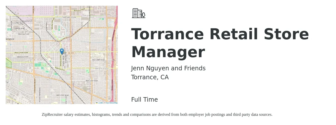 Jenn Nguyen and Friends job posting for a Torrance Retail Store Manager in Torrance, CA with a salary of $19 to $29 Hourly with a map of Torrance location.