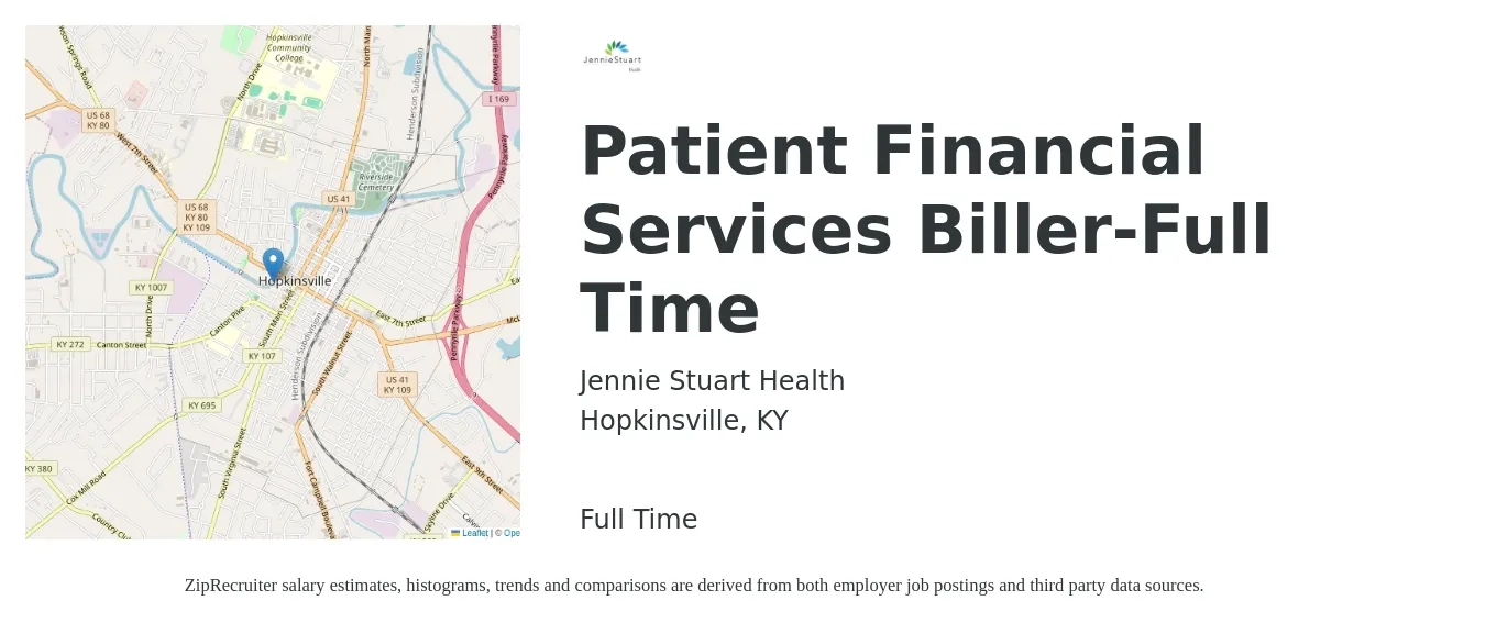 Jennie Stuart Health job posting for a Patient Financial Services Biller-Full Time in Hopkinsville, KY with a salary of $18 to $24 Hourly with a map of Hopkinsville location.
