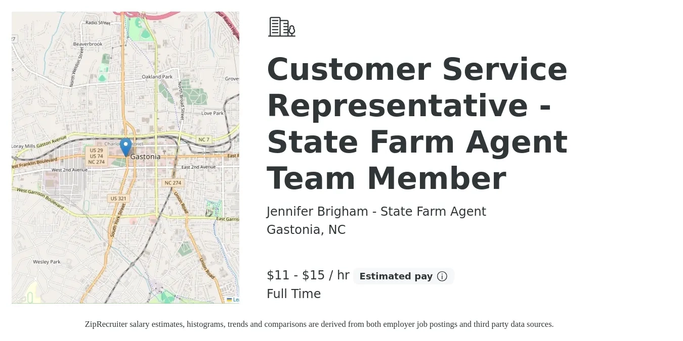 Jennifer Brigham - State Farm Agent job posting for a Customer Service Representative - State Farm Agent Team Member in Gastonia, NC with a salary of $12 to $16 Hourly with a map of Gastonia location.
