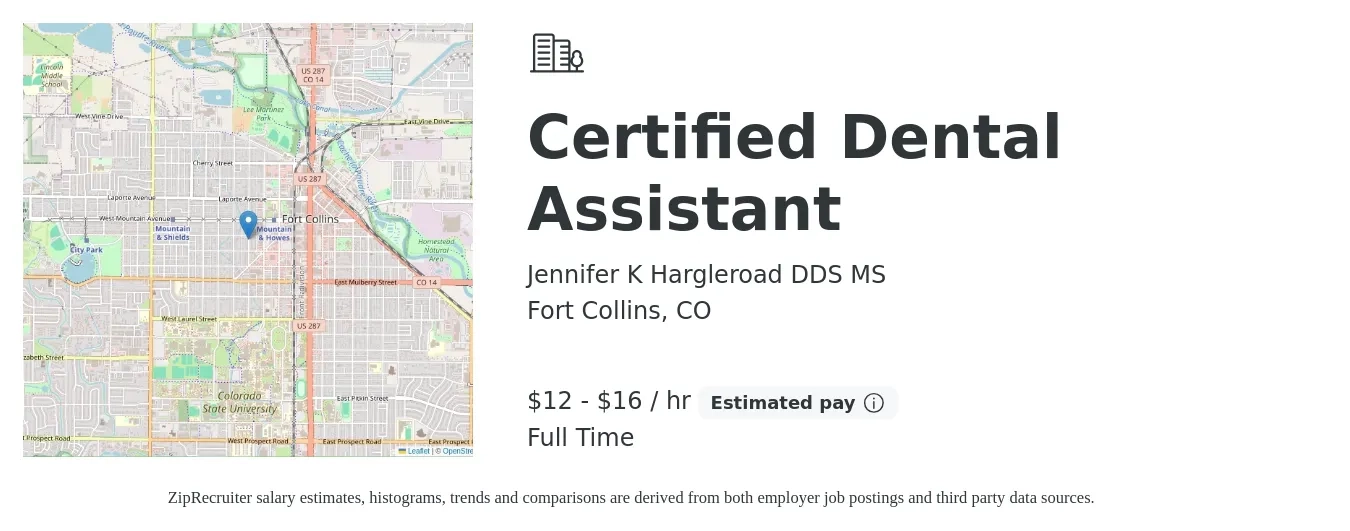 Jennifer K Hargleroad DDS MS job posting for a Certified Dental Assistant in Fort Collins, CO with a salary of $14 to $17 Hourly with a map of Fort Collins location.